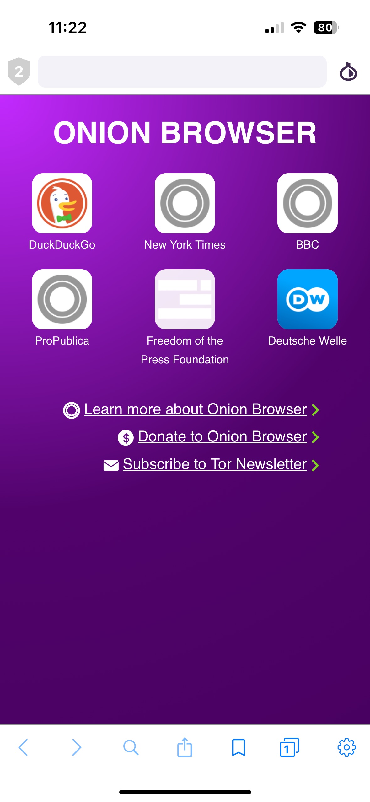 A screenshot of the default new tab page, purple, with 6 bookmarks pre-installed